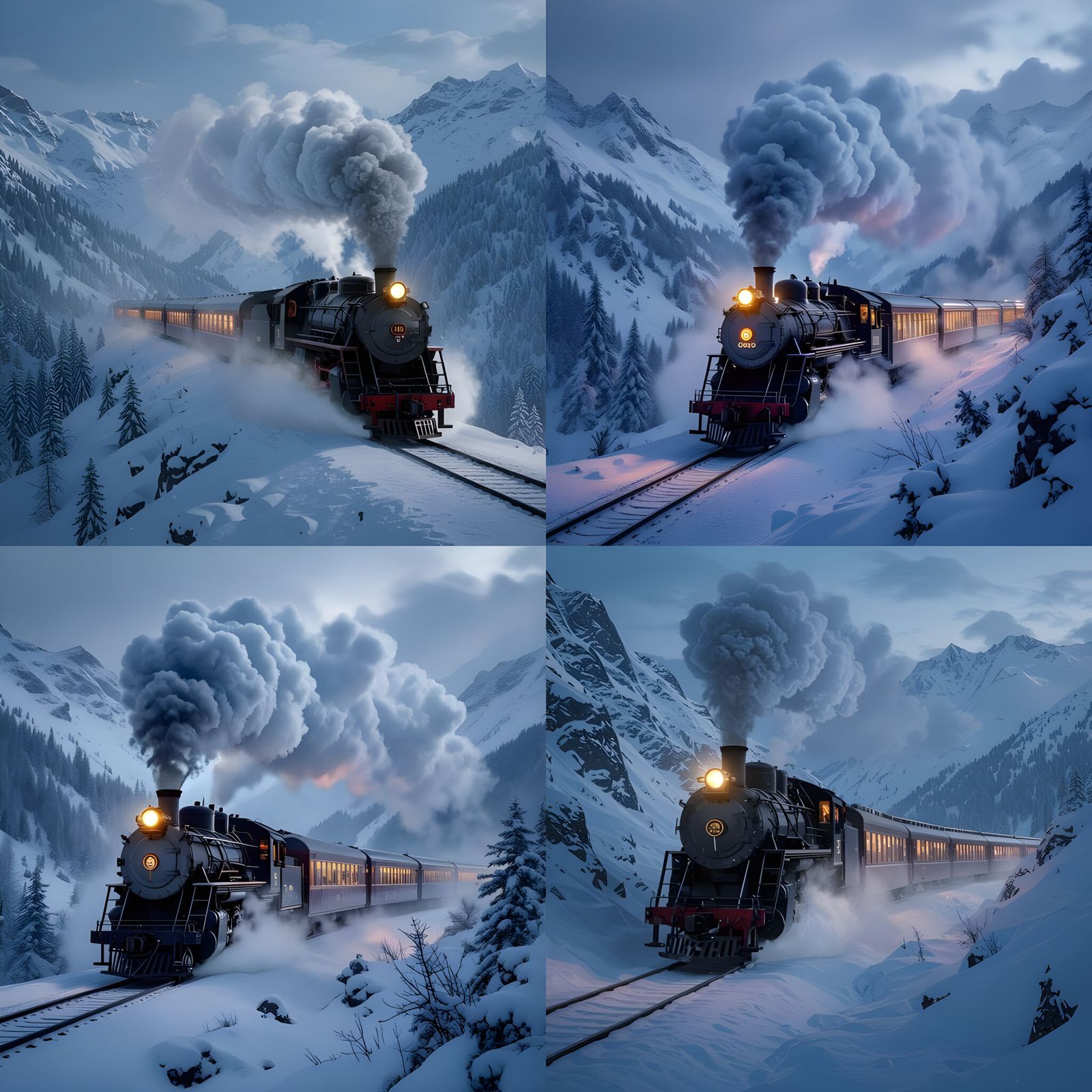 Old-Fashioned Train in Snowy Mountain Pass - Hyperrealistic