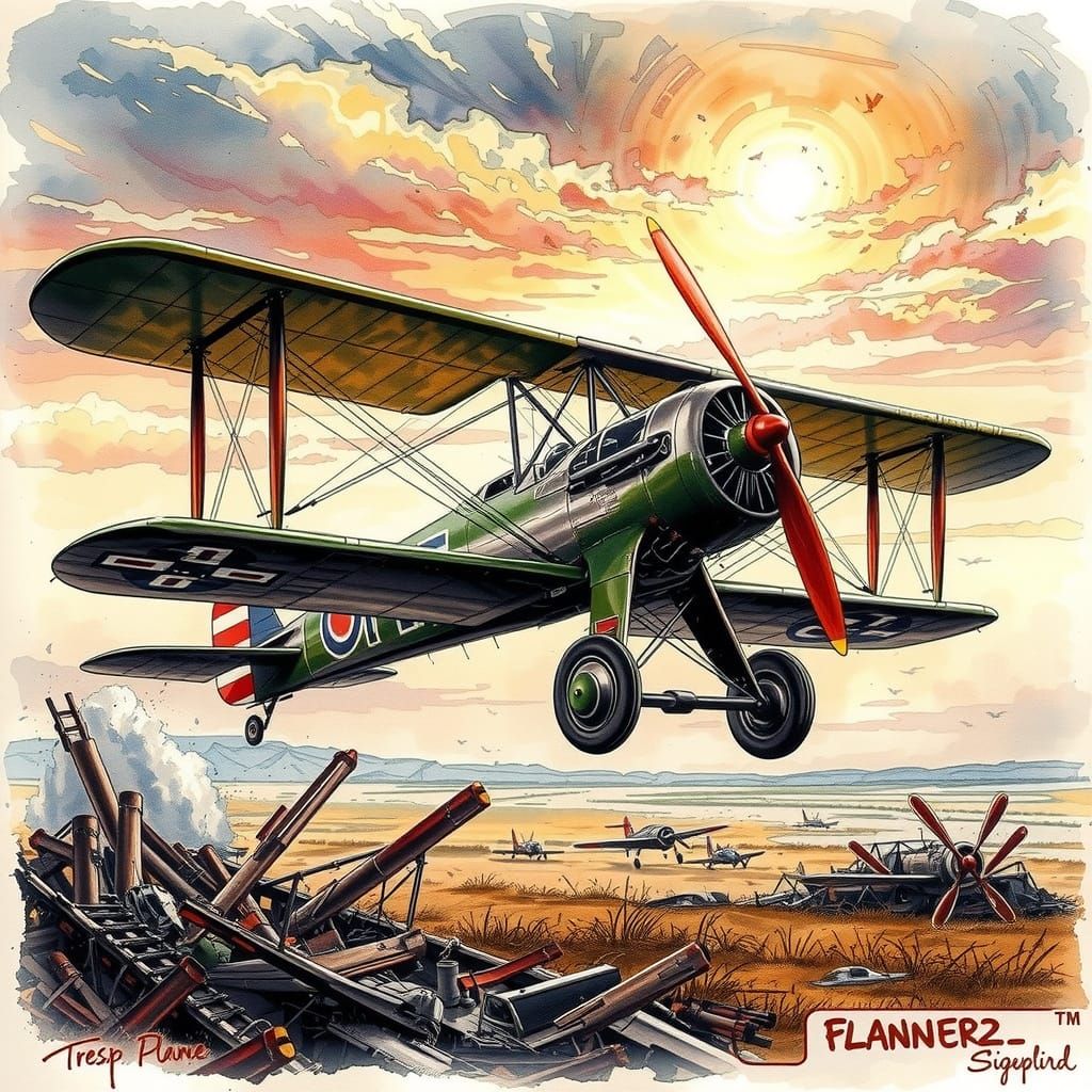 Fokker D3 Triplane Soaring at Dawn in Watercolor