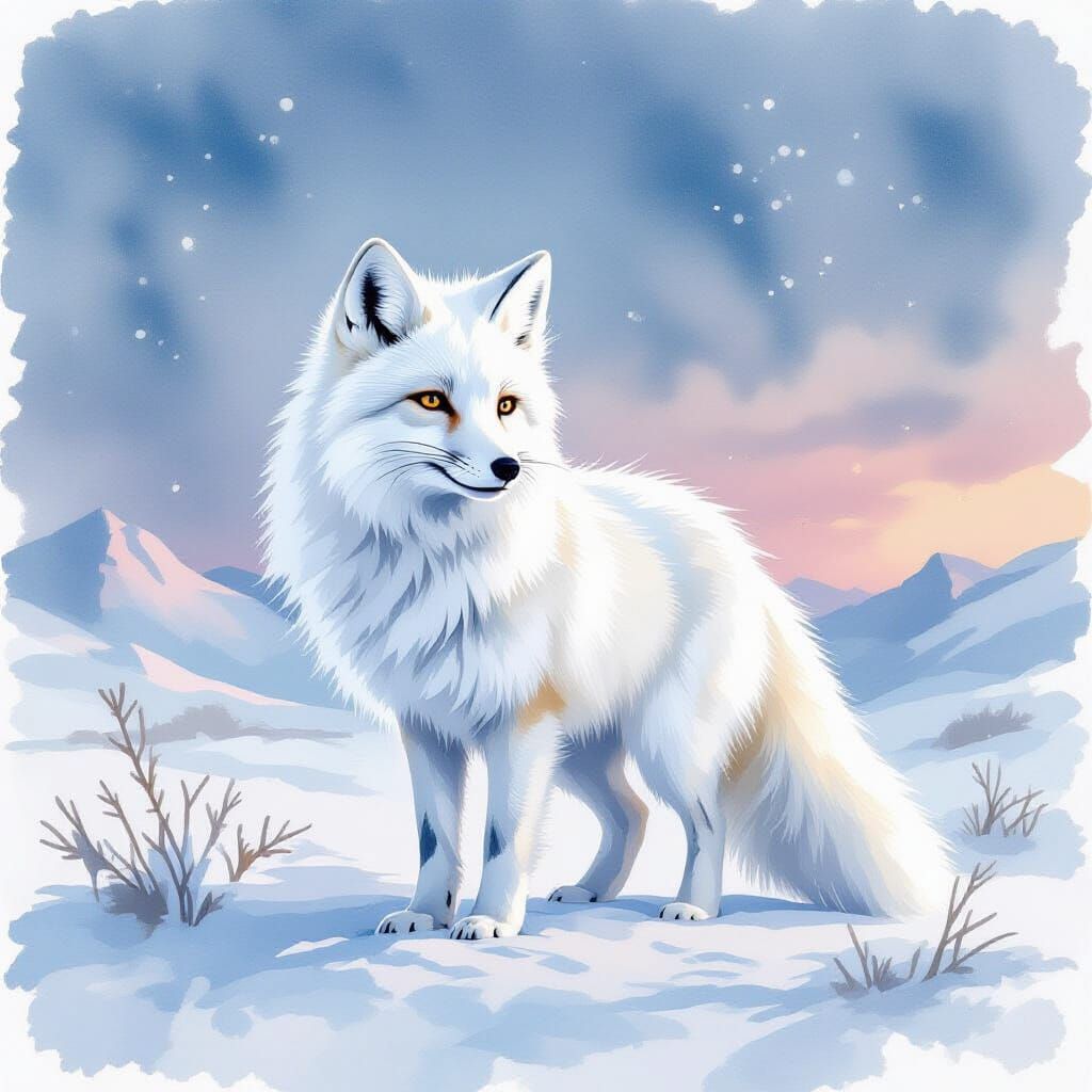Arctic Fox on Tundra in Watercolor Style