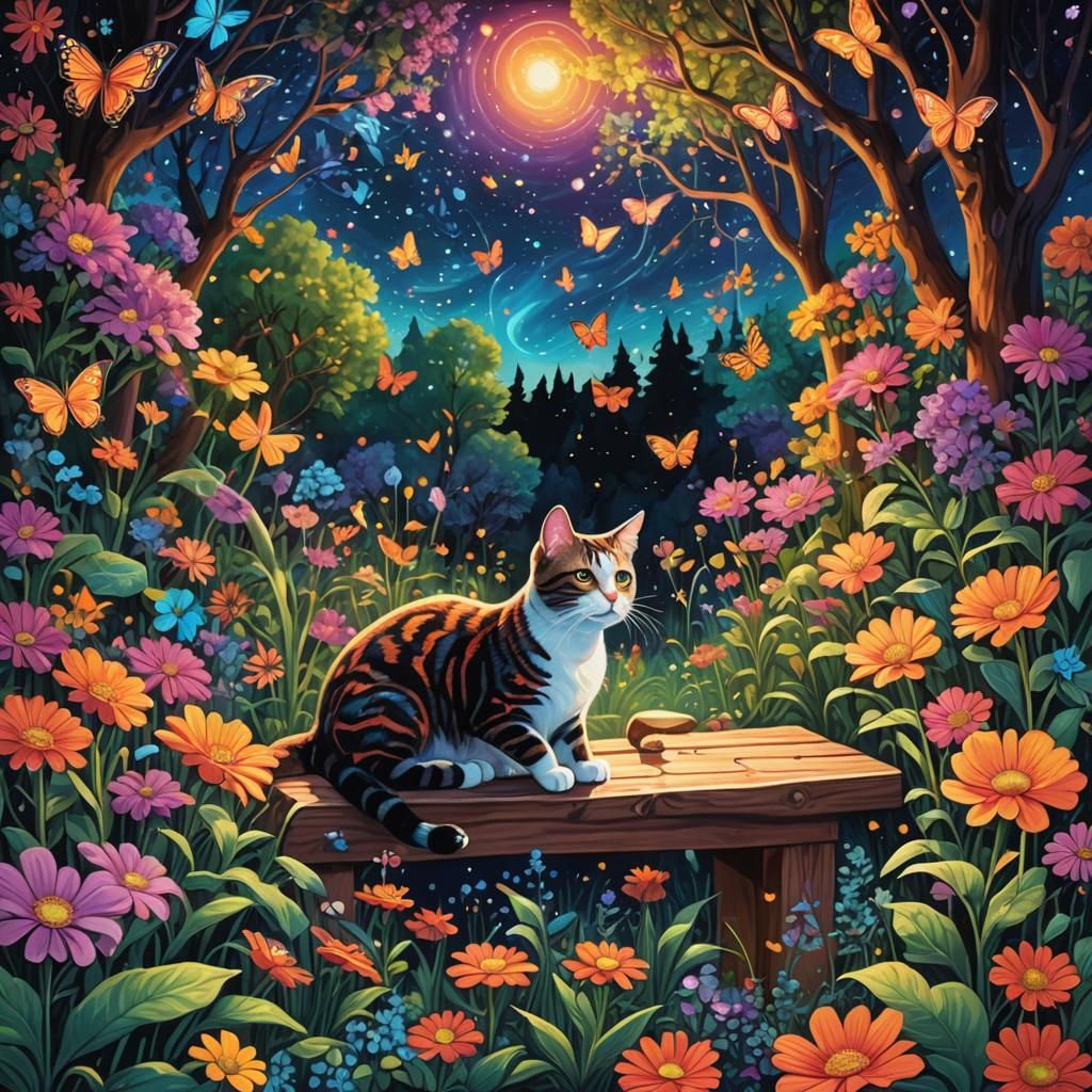 Psychedelic Garden with Glowing Flowers in Cosmic Realism