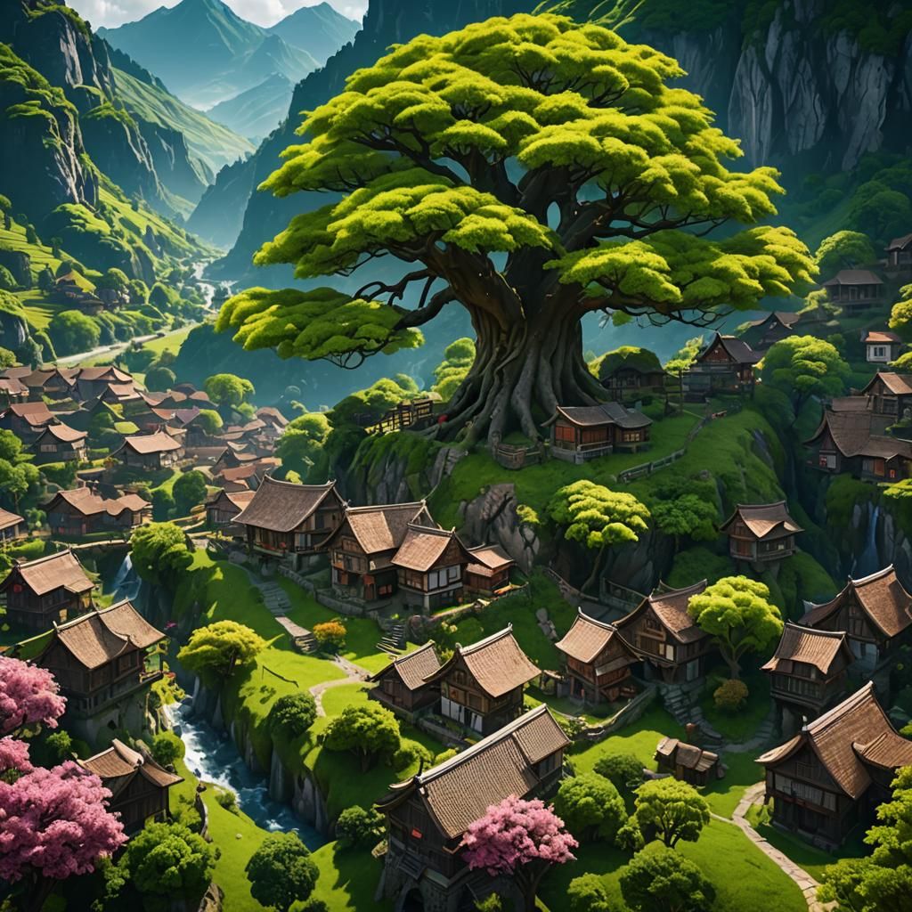 Mountain Village with Cherry Tree: Detailed Matte Painting