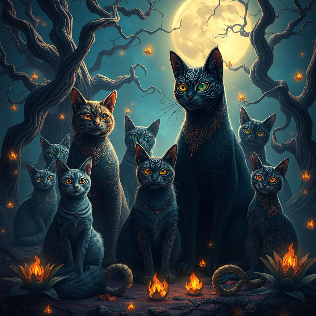 Mystical Gathering of Cats in Moonlit Clearing