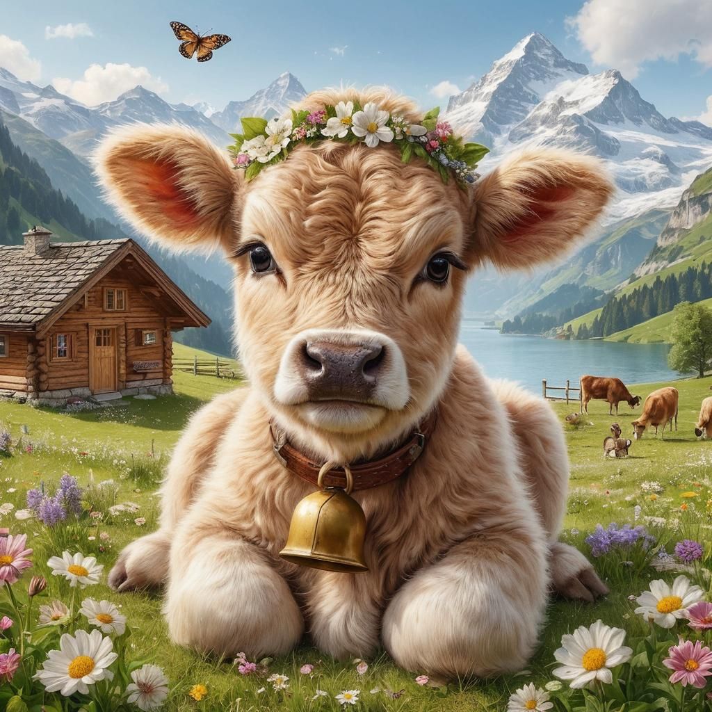 Fluffy Swiss Cow in Alpine Meadow: Hyperrealistic Scene