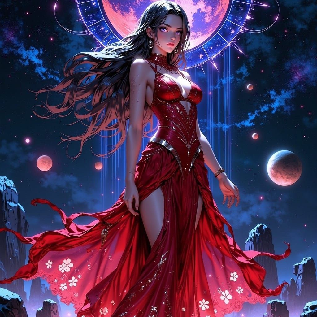 Anime Woman with Cosmic Powers in Red Gown