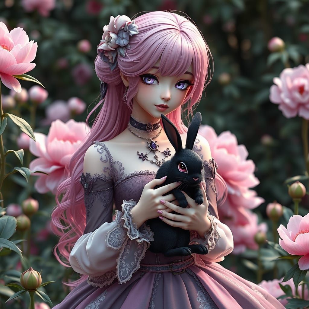 Gothic Anime Woman with Bunny in Peony Garden