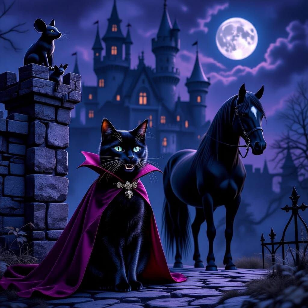 Vampire Cat and Black Horse Outside Gothic Castle