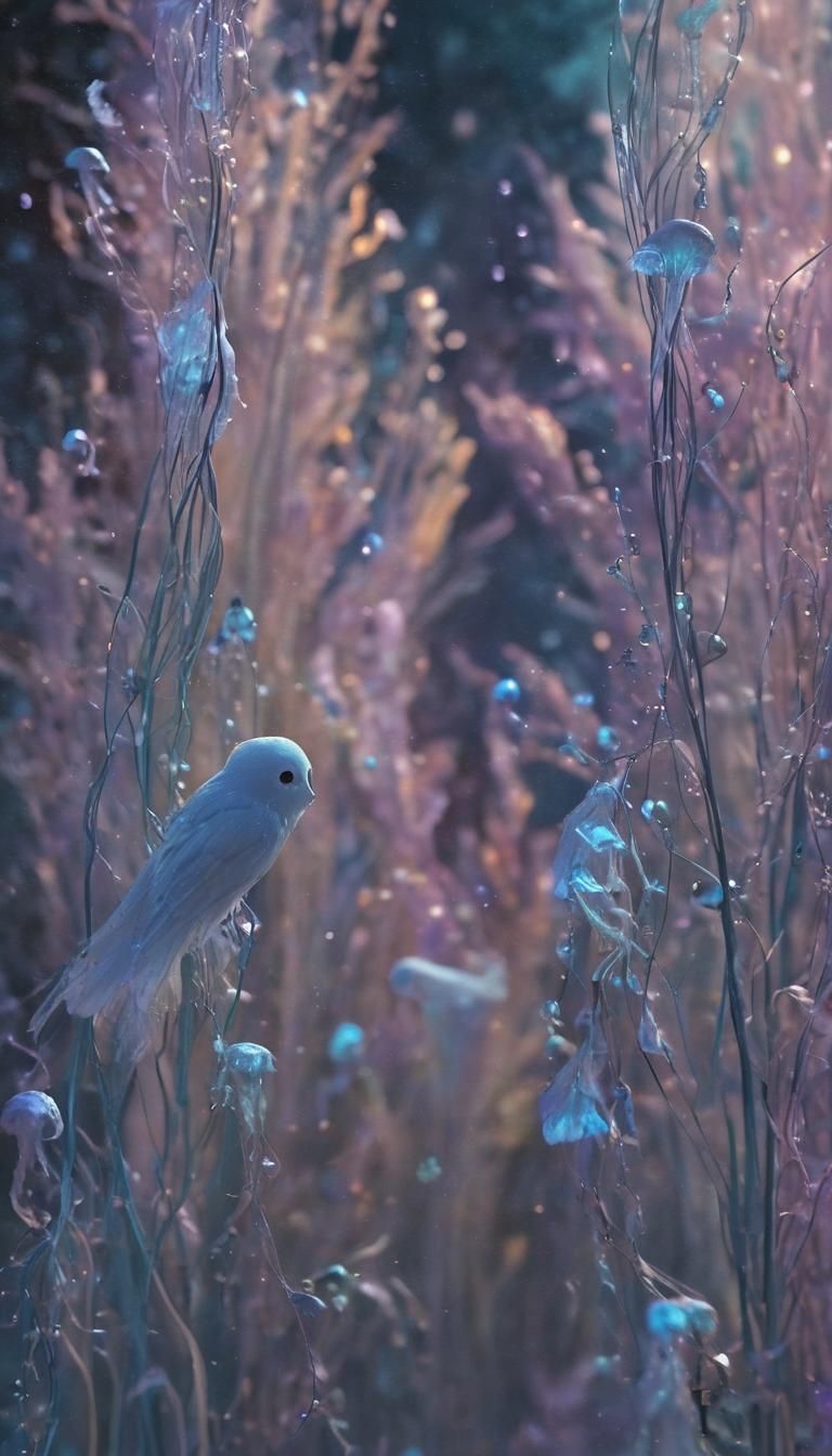 Ethereal Ghost in Bioluminescent Pastel Rainbow Landscape