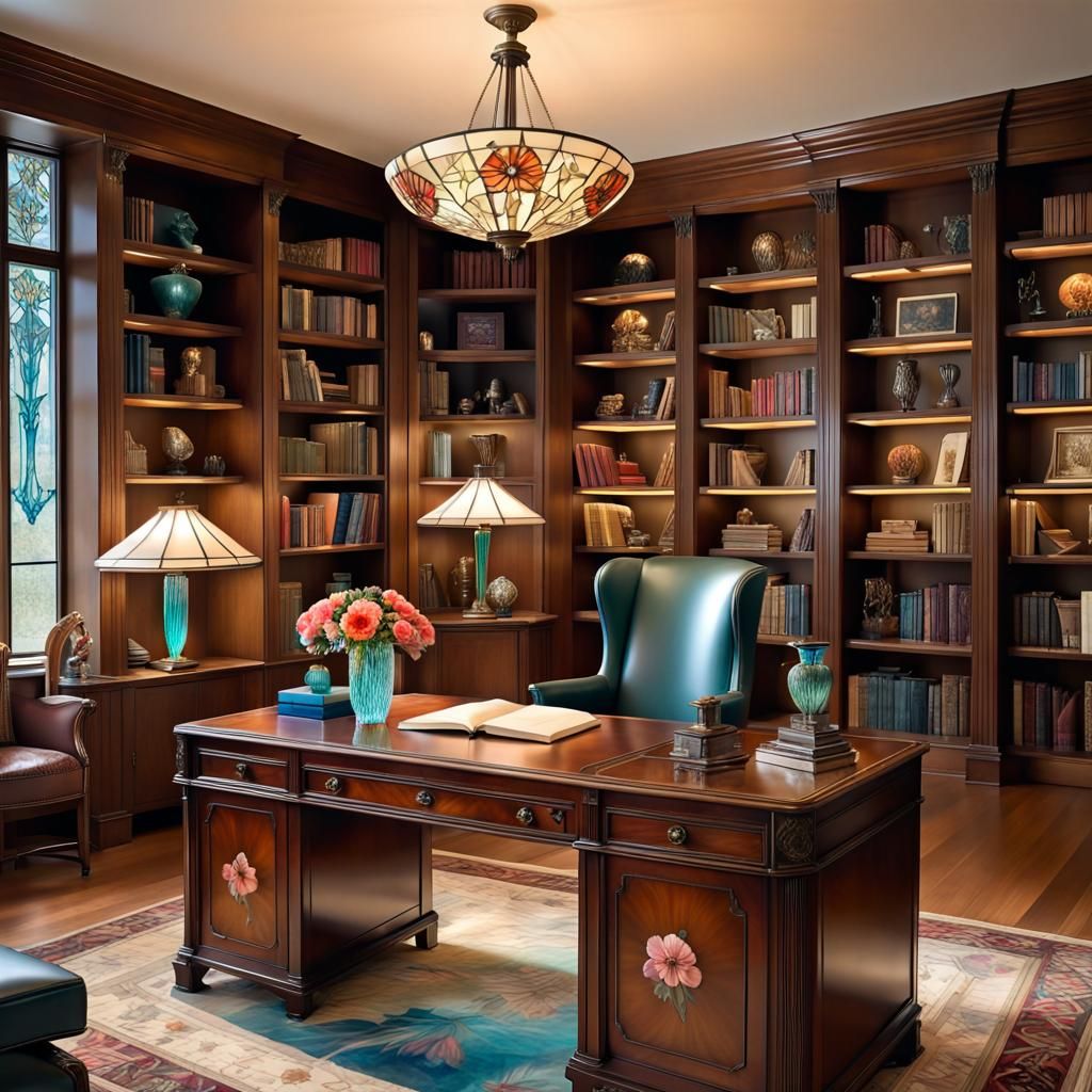 Art Deco Book Library with Tiffany Lamp