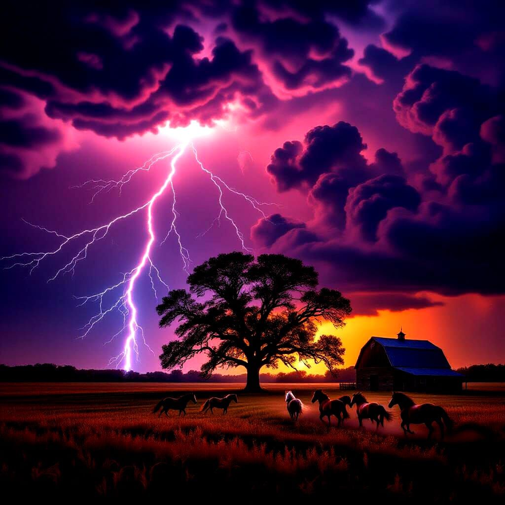 Violent Blood Red Thunderstorm Strikes Oak Tree