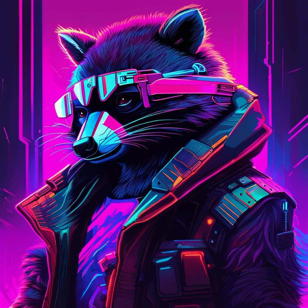 Cyberpunk Raccoon in Neon Cityscape 2099