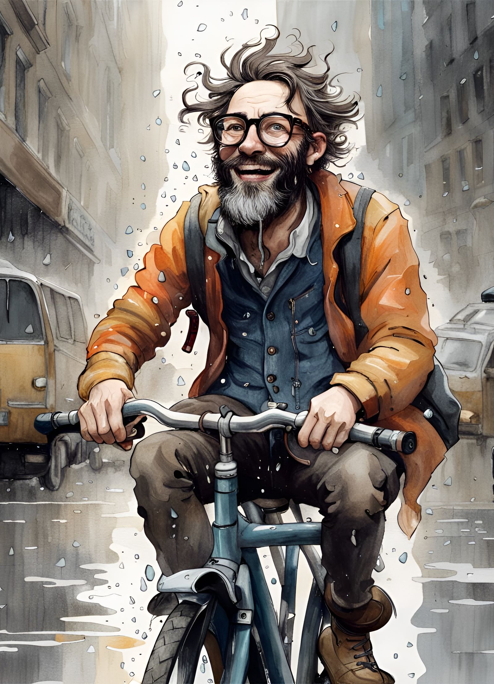 Stylish Hipster in Rainy City, Detailed Illustration