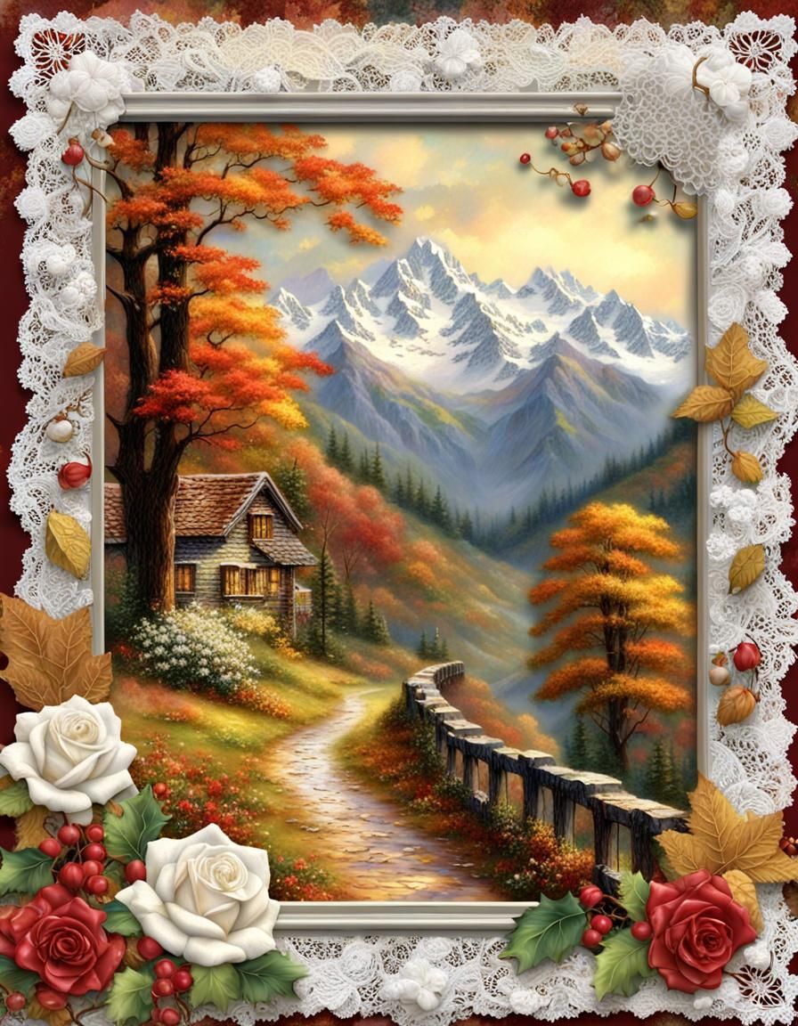 Autumnal Valley in Scrapbook Frame, Hyperdetailed Digital Ar...