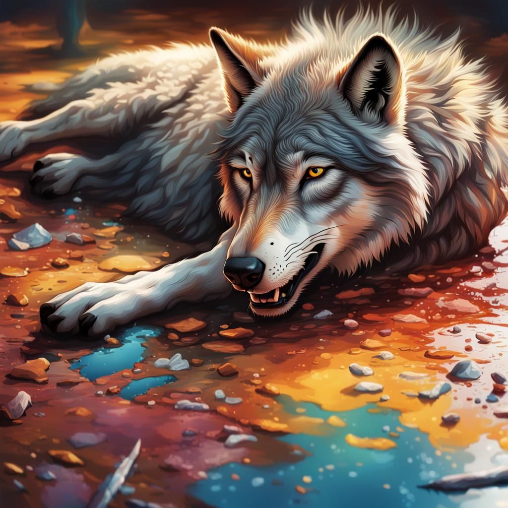Hyperrealistic Wolf on the Floor Splash Art