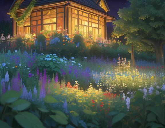 Lush Scandinavian Garden at Night in Oil Painting Style