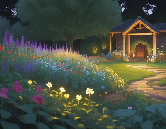Lush Scandinavian Garden at Night as Oil Painting