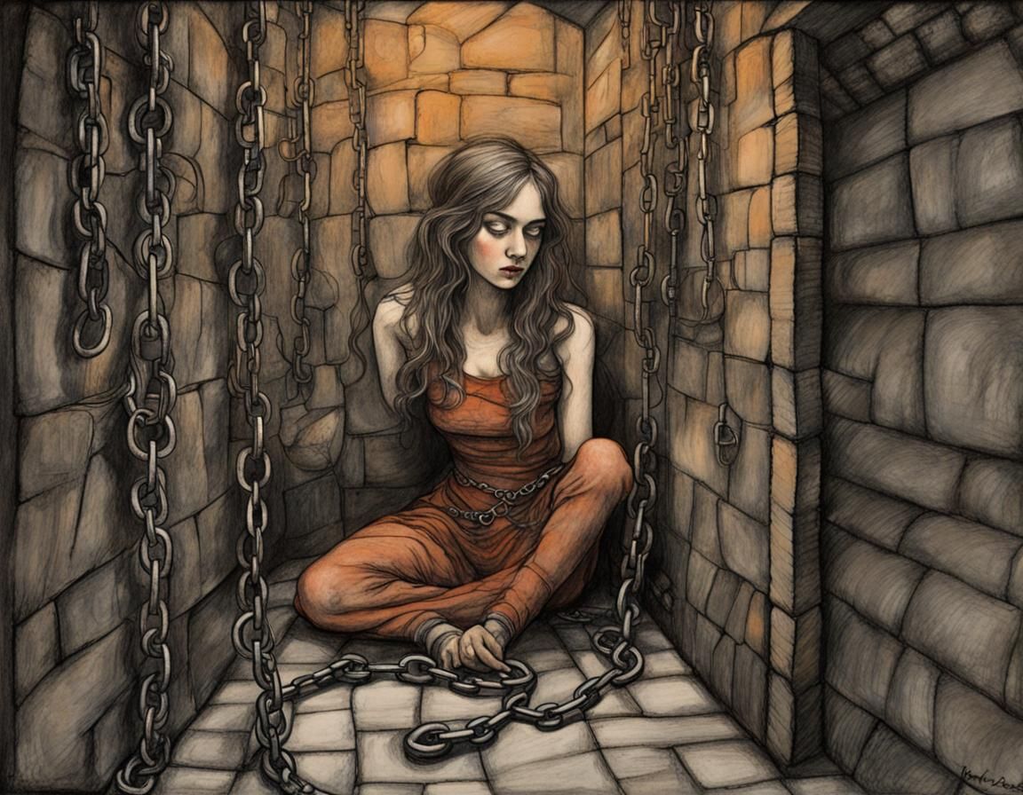 a woman chained to a dark dungeon wall in a small cell 1