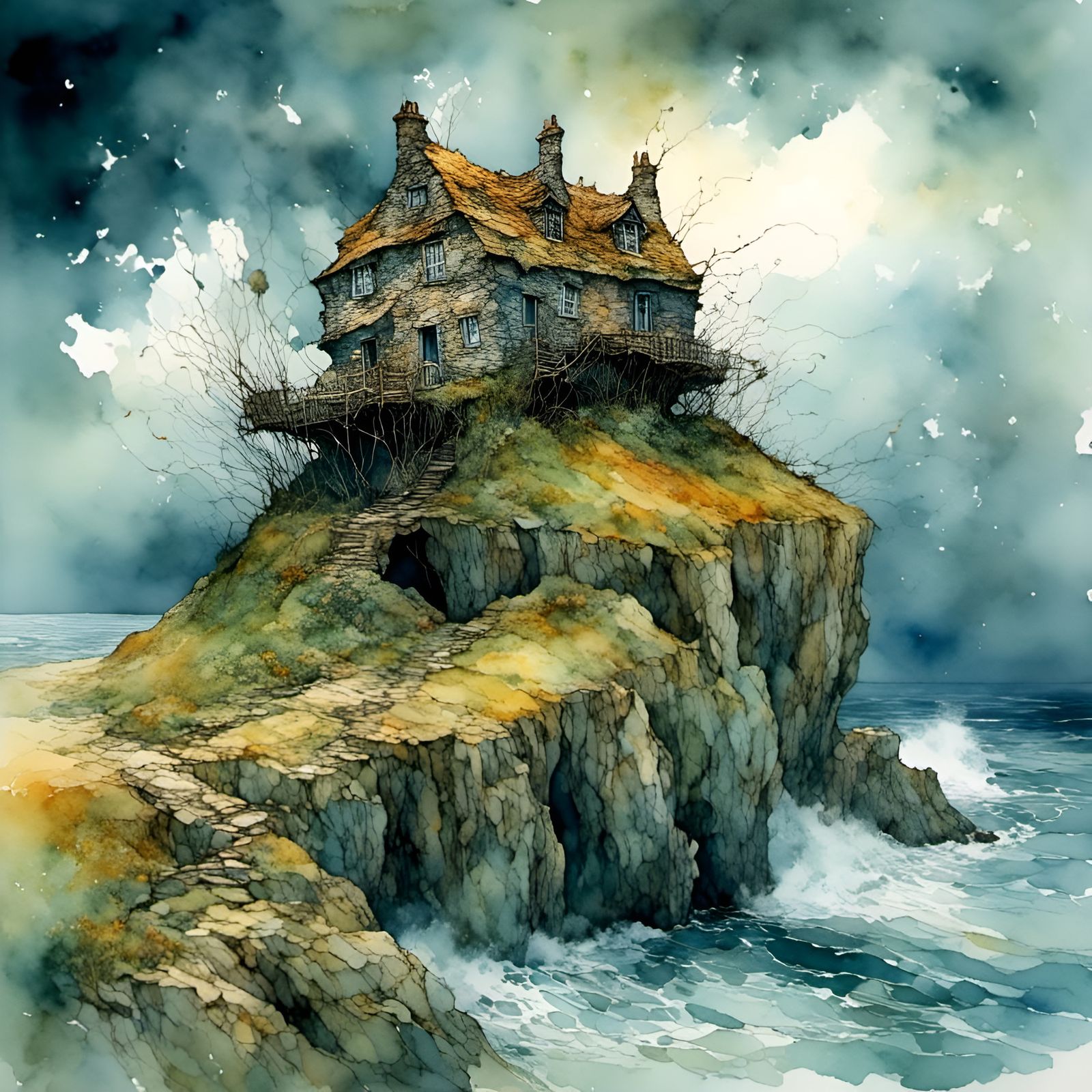 Fantastical Stone Cottage by a Stormy Sea