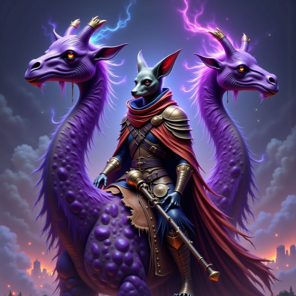 Fox Merchant Rides Double-Headed Giraffe in Fantasy World