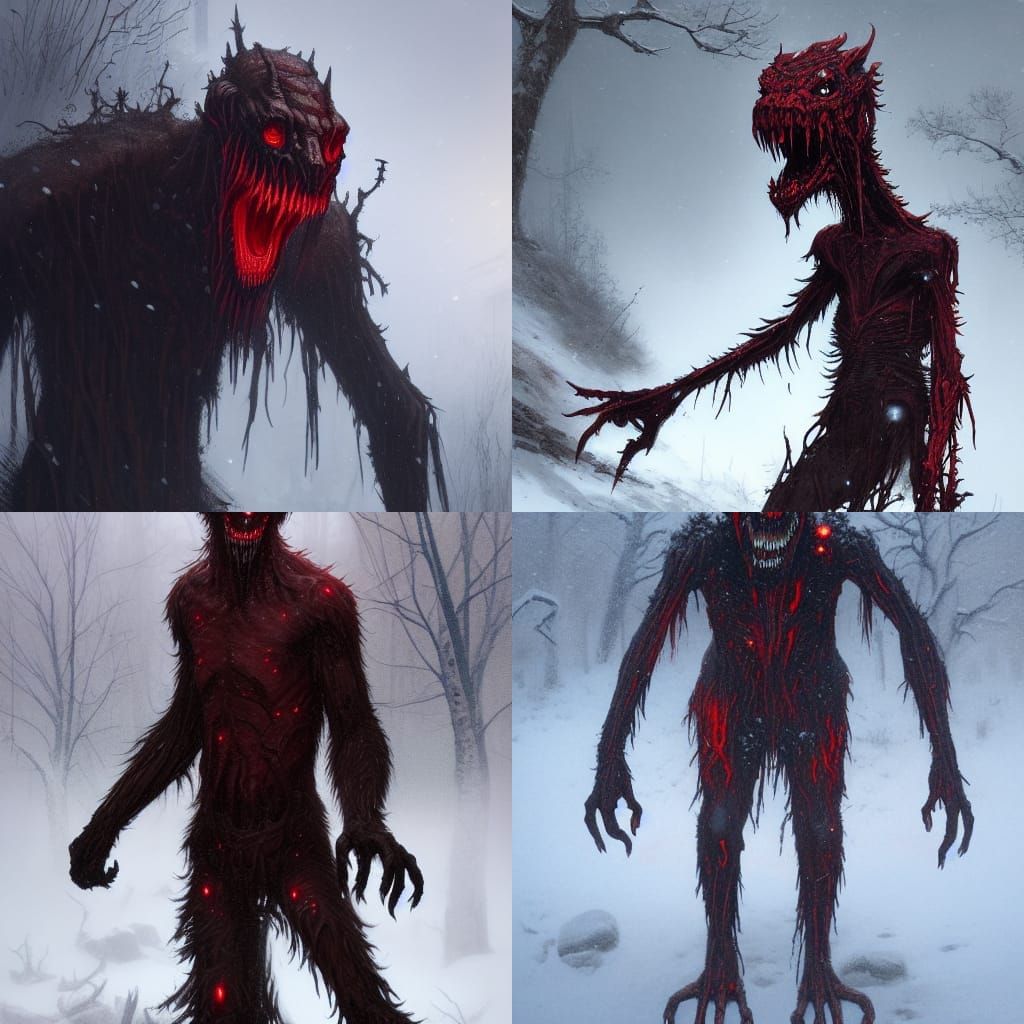 Creepy Snow Monster with Glowing Eyes