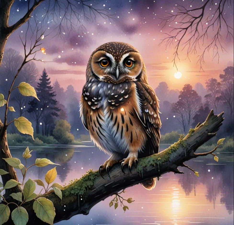 Dreamy Watercolour Owl on Ethereal Moonlit Lake