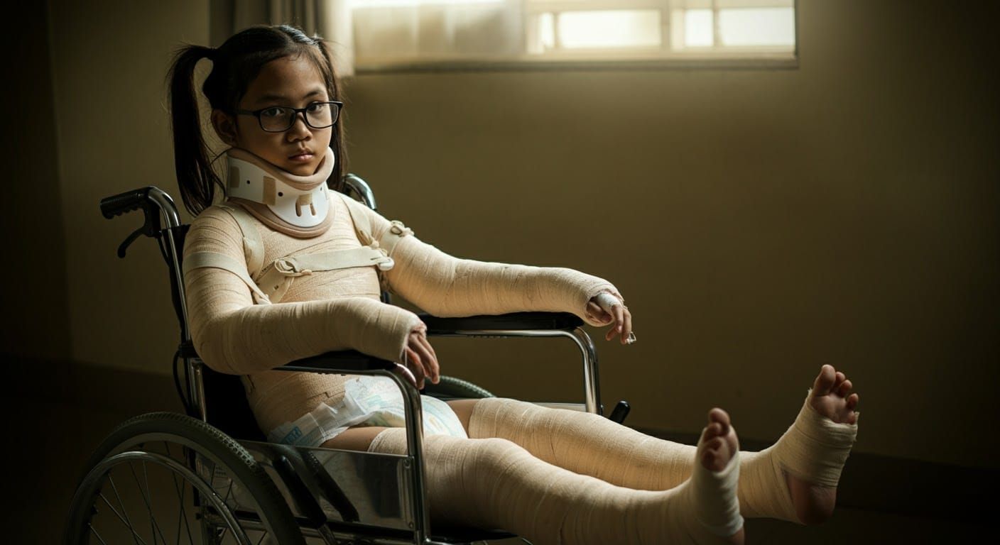 Girl in Full Body Cast in Hospital Room