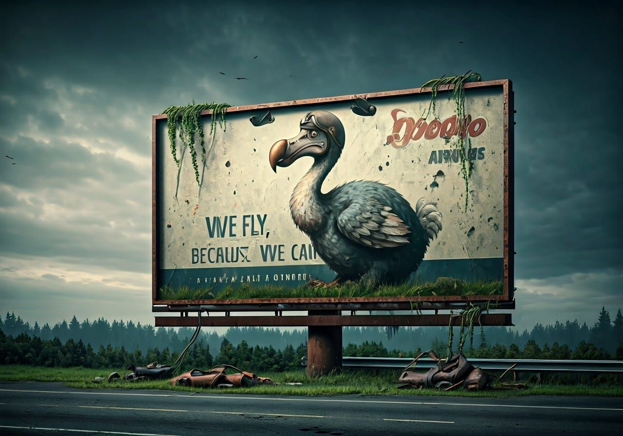 Weathered Dodo Airways Billboard in a Deserted Landscape