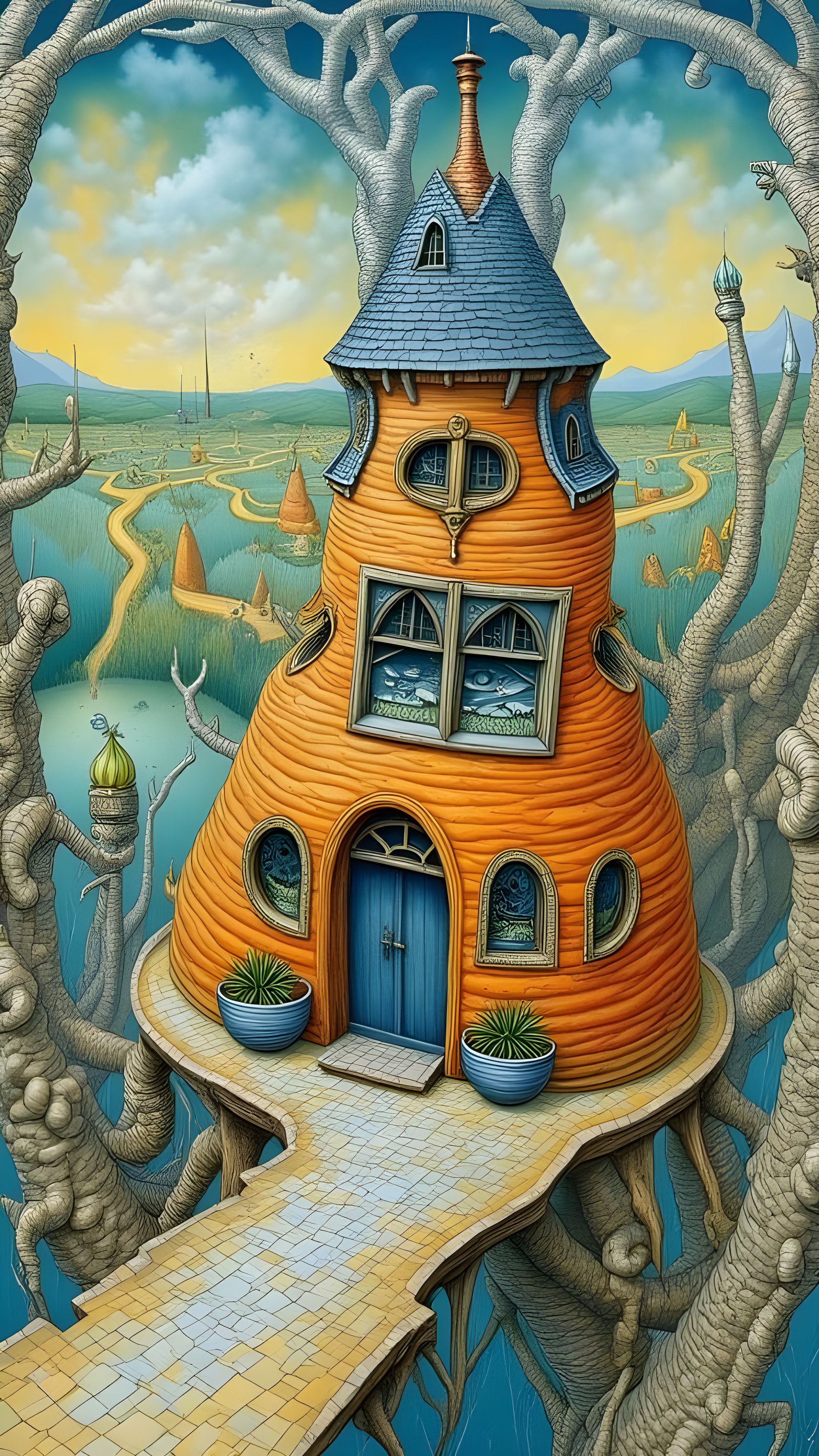 Surreal Delta Village in Whimsical Color Pencil Drawing