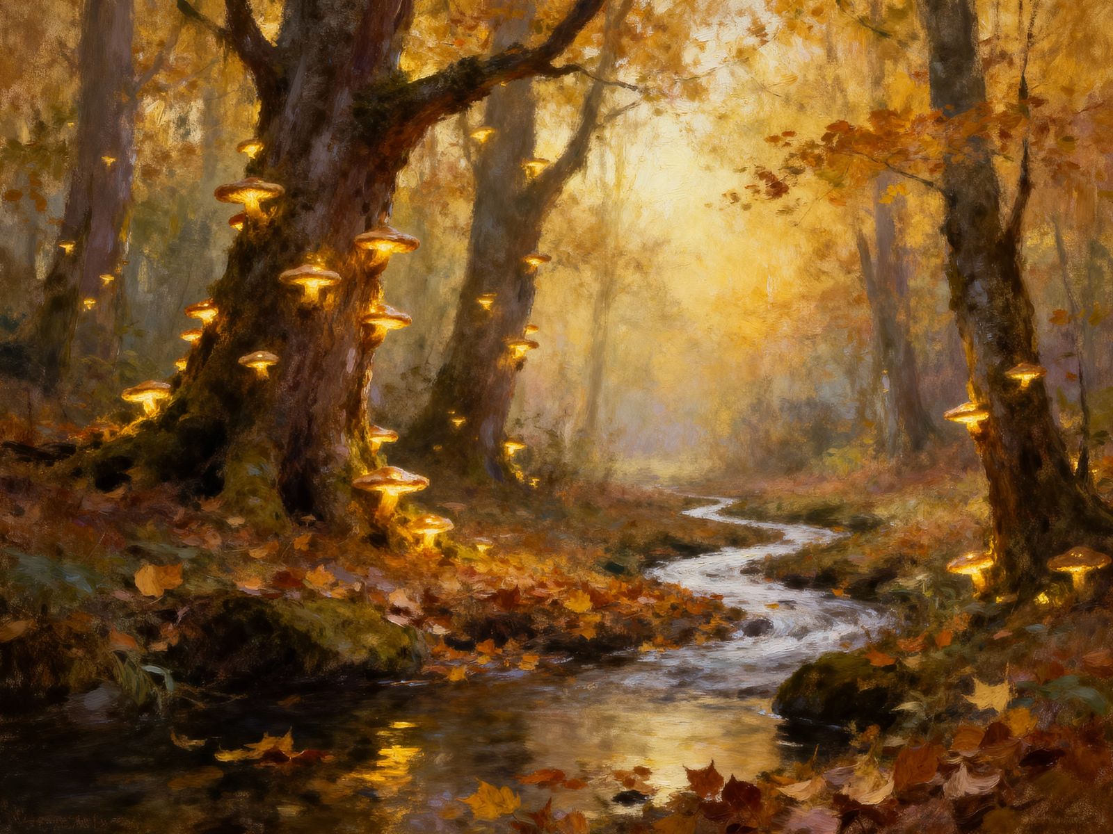 Ethereal Autumn Forest with Luminescent Fungi