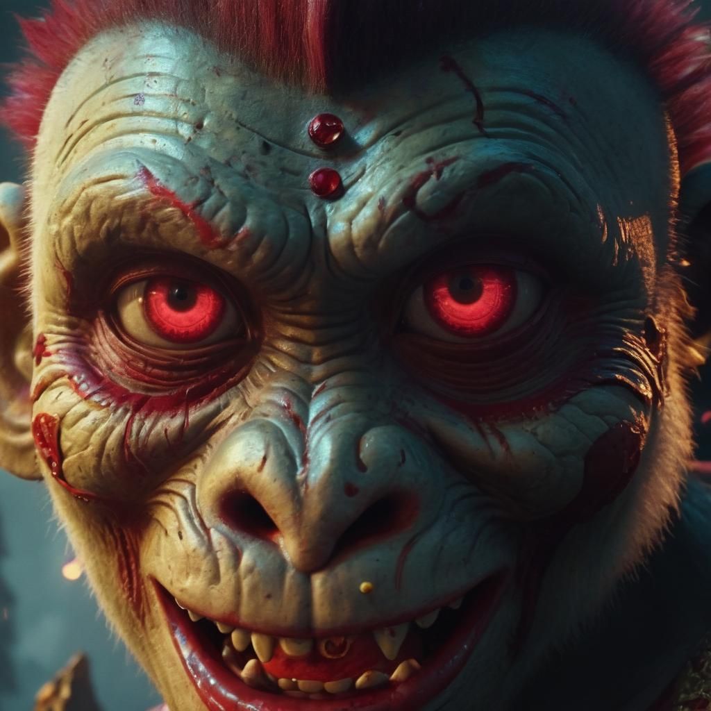 Maniacal Zombie Monkey Grin in Ancient Temple