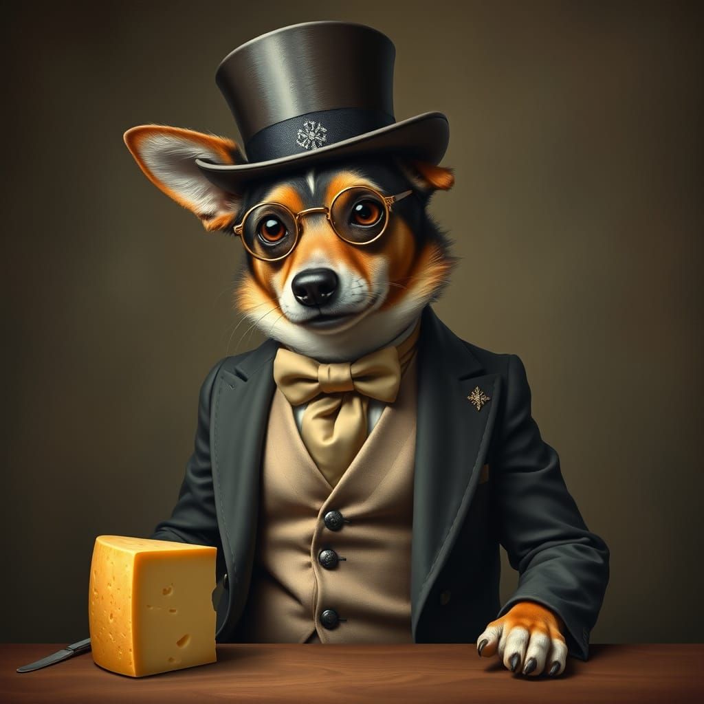 Elegant Victorian Canine Gentleman Savoring Rich Cheese