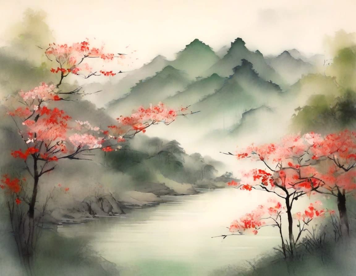 Chinese Ink Landscape with Blooming Quince Tree