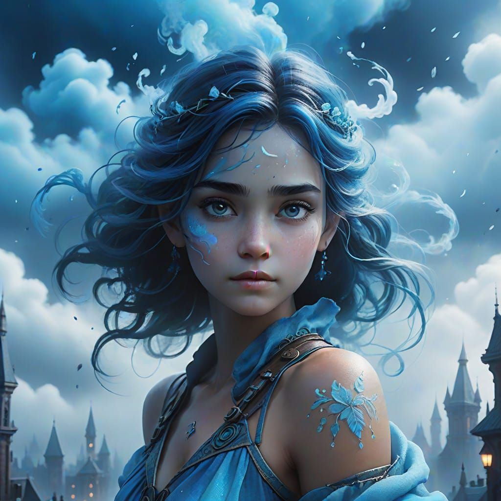 Blue Air Elemental Woman in Whimsical Cloud Cityscape