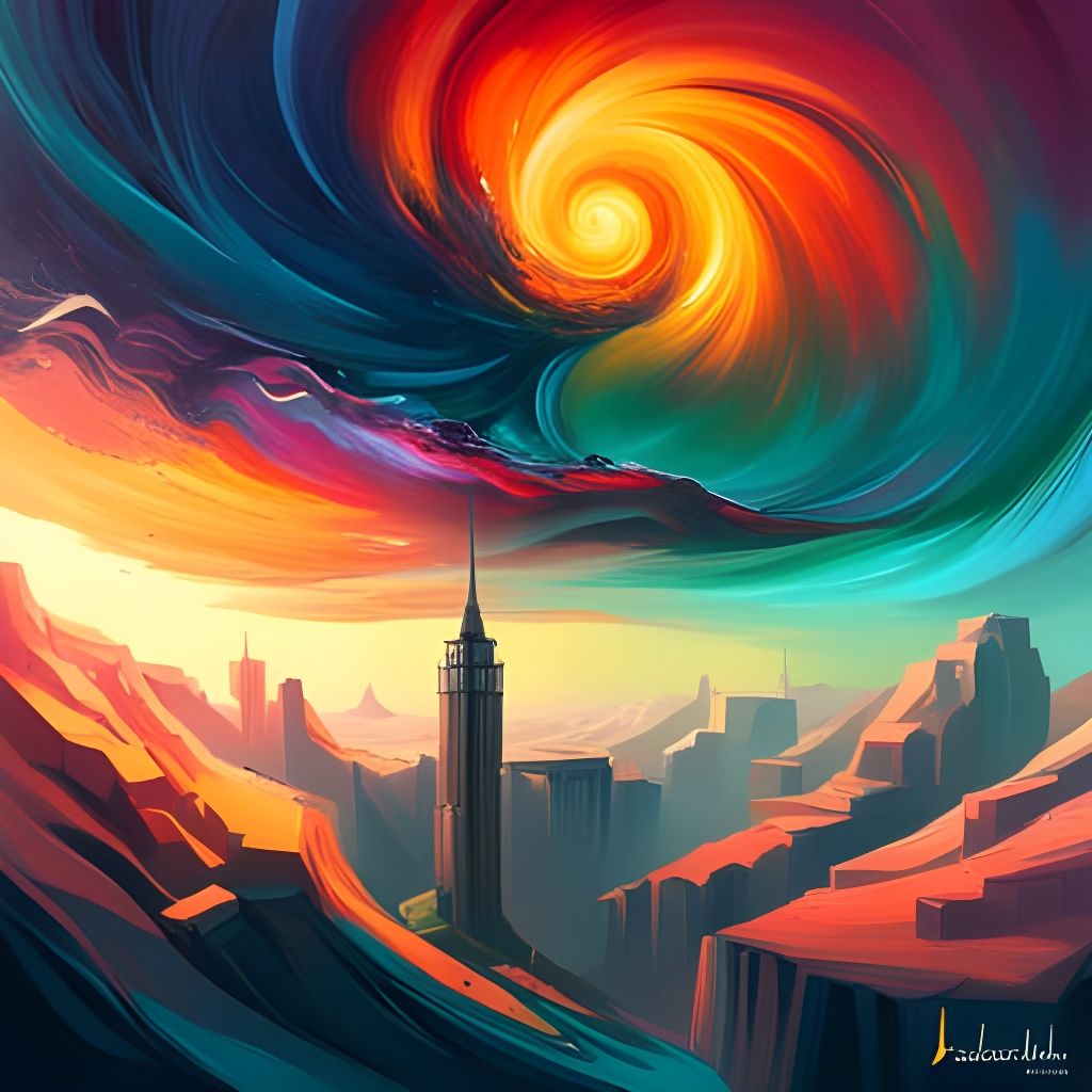 Abstract Sci-Fi Landscape in a Swirling Oil Painting