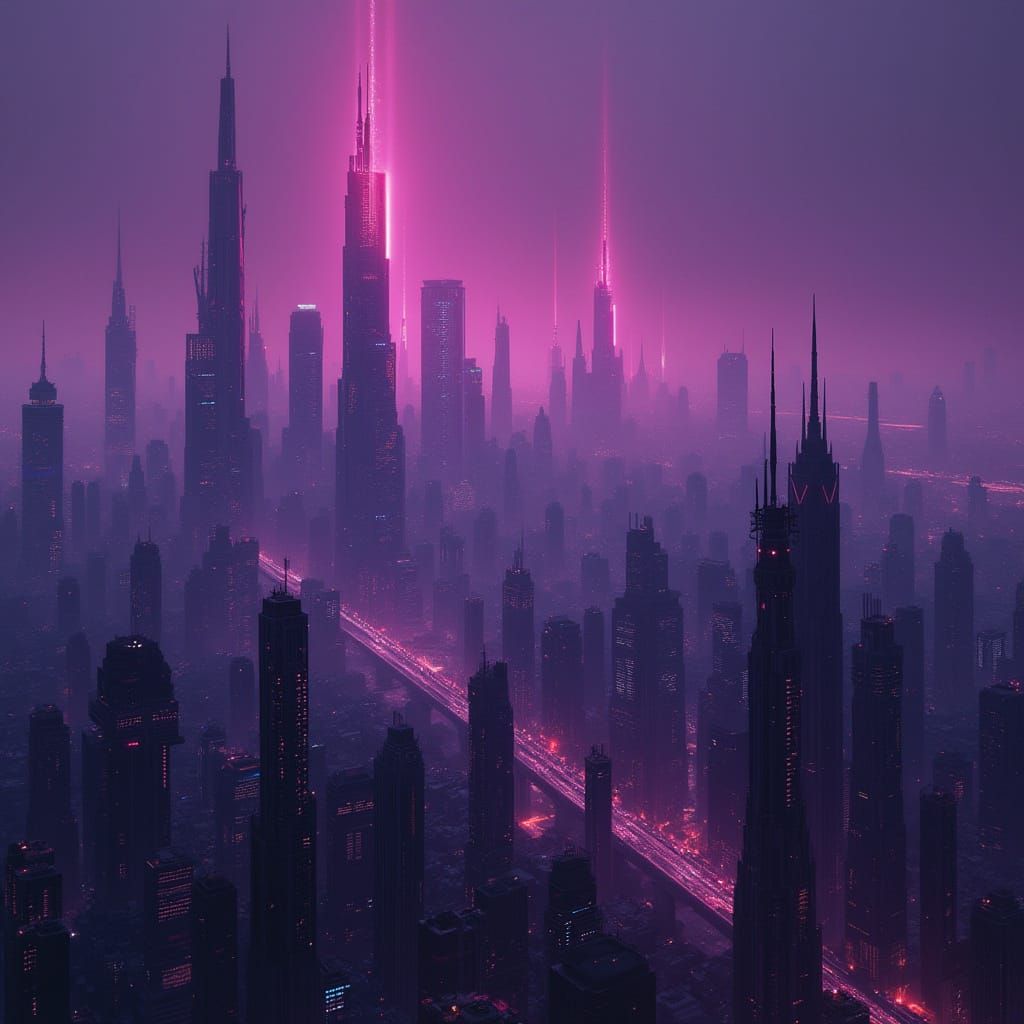 Ethereal Futuristic Metropolis Under Dark Purple Skies