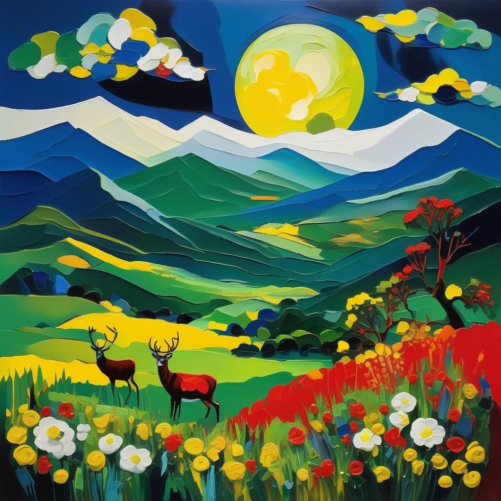 Surreal Landscape with Green Moon in Fauvist Style