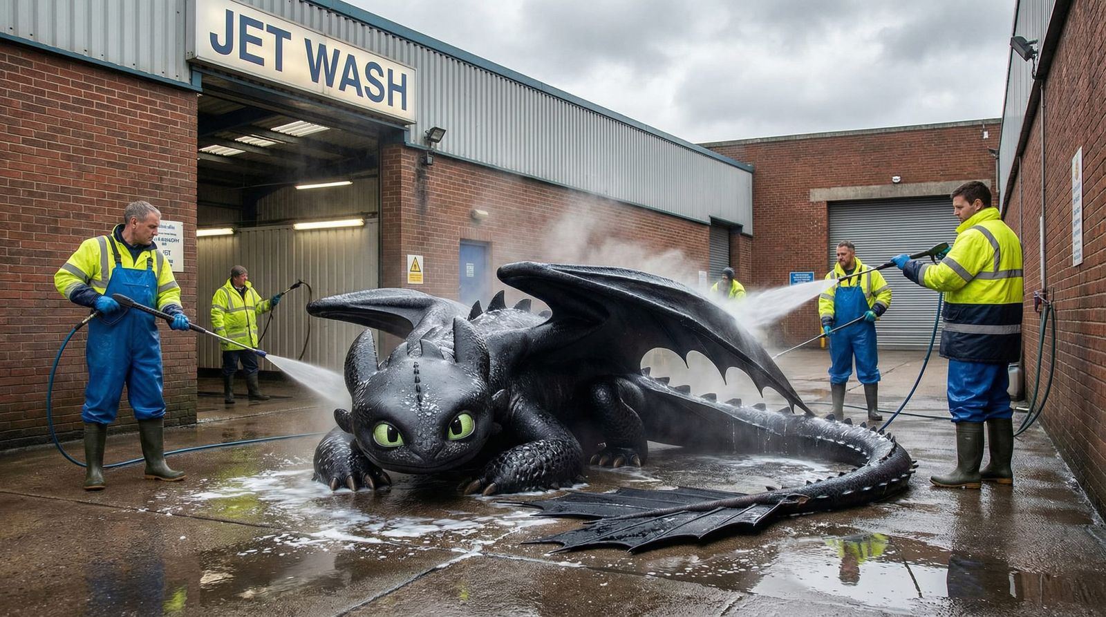 Photorealistic Dragon Being Washed in UK Jet Wash Bay