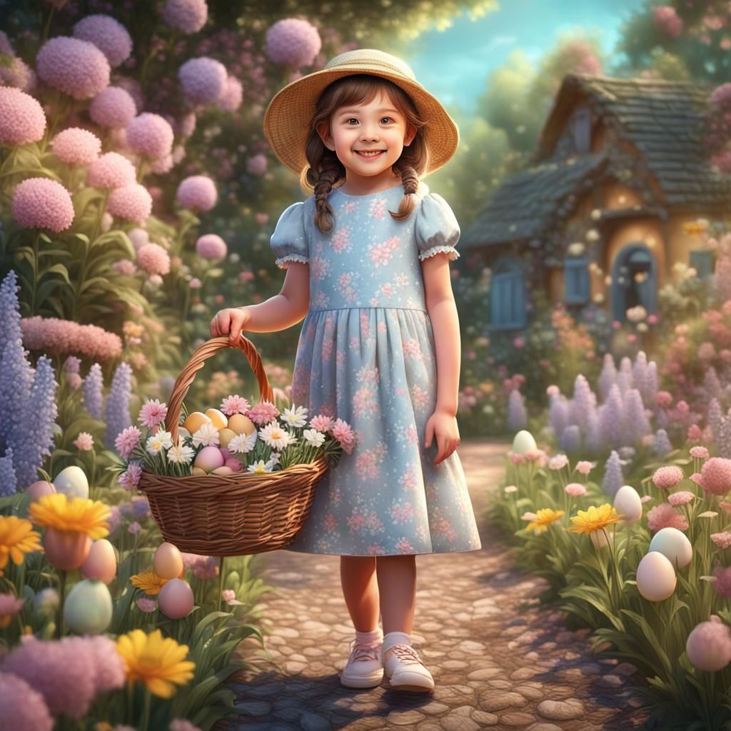 Girl Collecting Eggs in Flower Garden, Detailed Matte Painti...