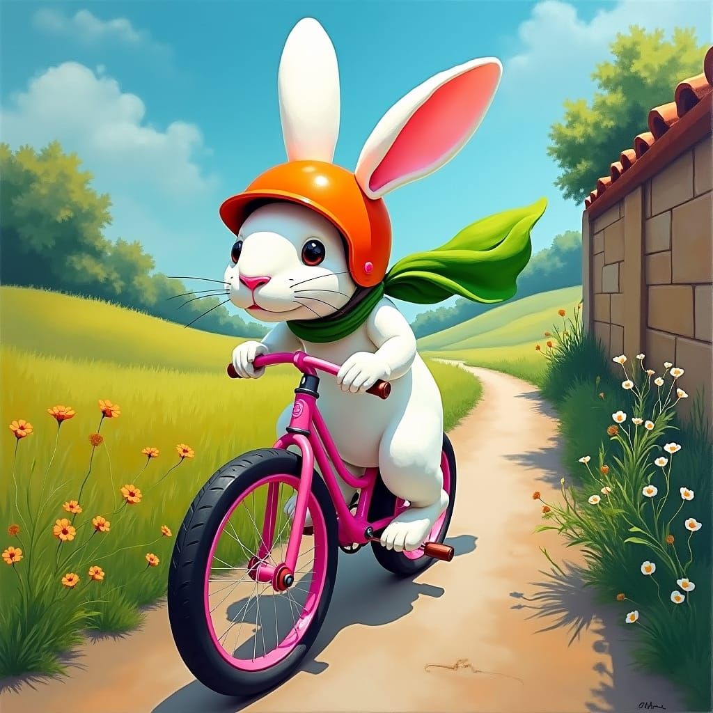 Rabbit Rides Pink Bike: Abstract Expressionist Art