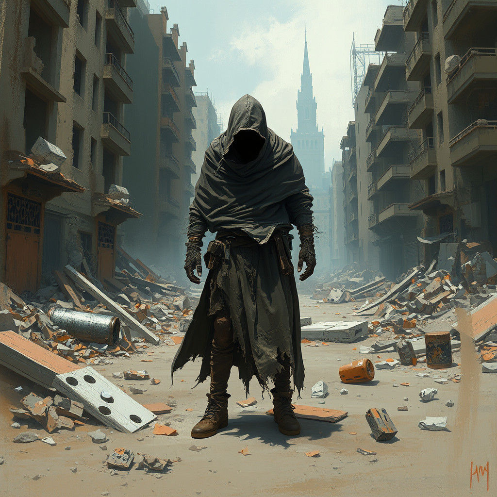 Lone Figure in War-Torn Cityscape