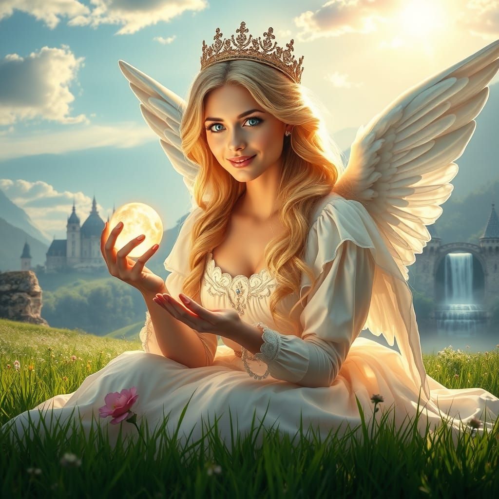 Angelic Woman in White Gown with Long Blond Hair and Sapphir...