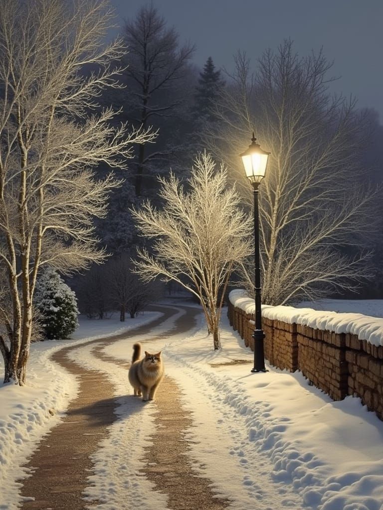 Winter Morning Impressionist Scene with a Gentle Cat Strolli...