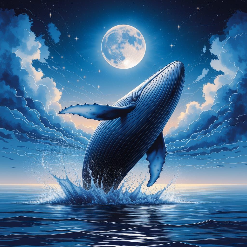 Ethereal Whale Under Starlit Sky in Dreamy Watercolour