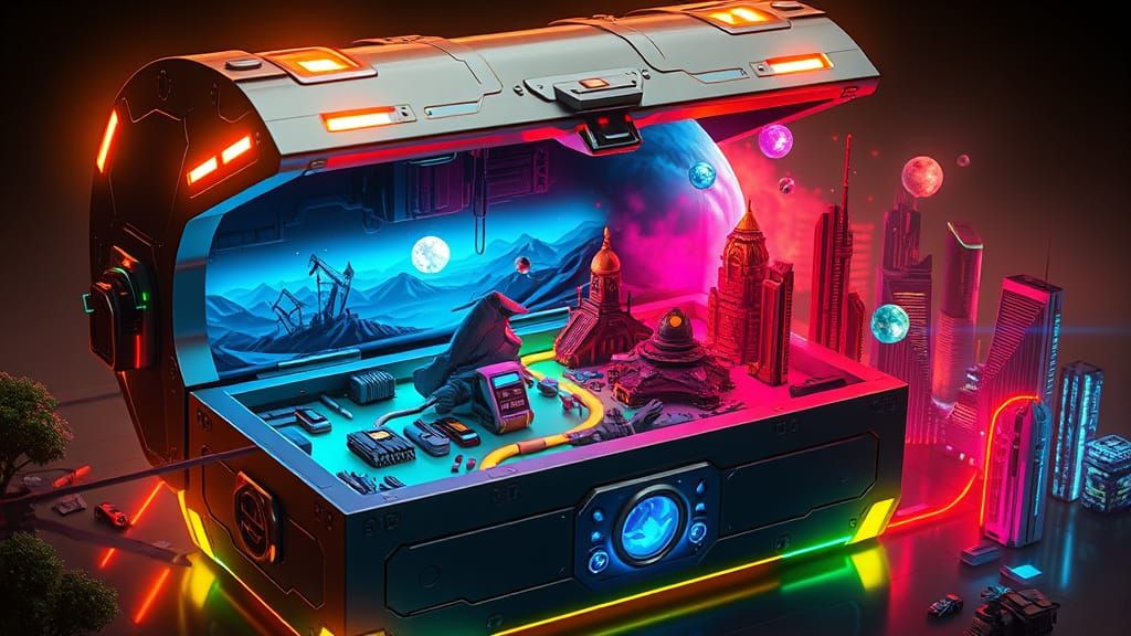 Futuristic Treasure Chest Overflowing with Miniature Worlds