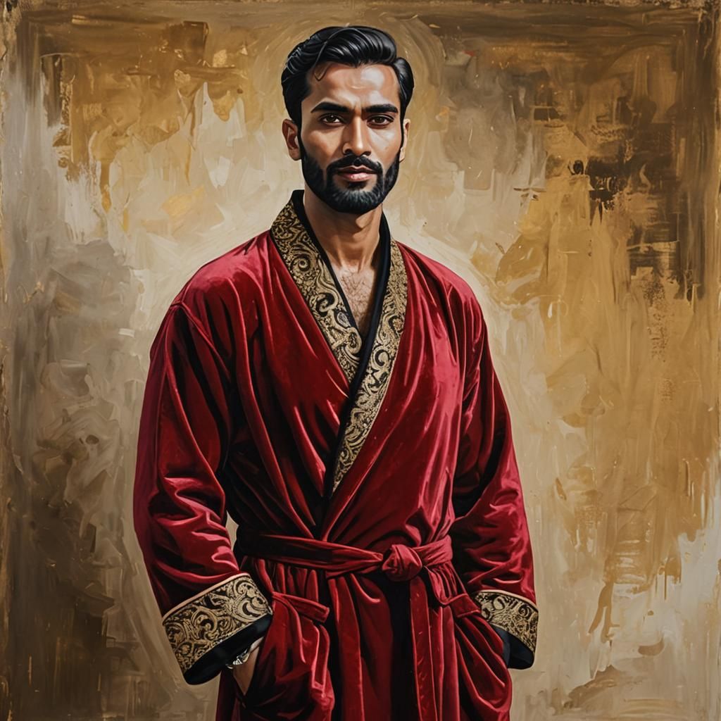 Handsome Man in Red and Gold Velvet Bathrobe Oil Painting