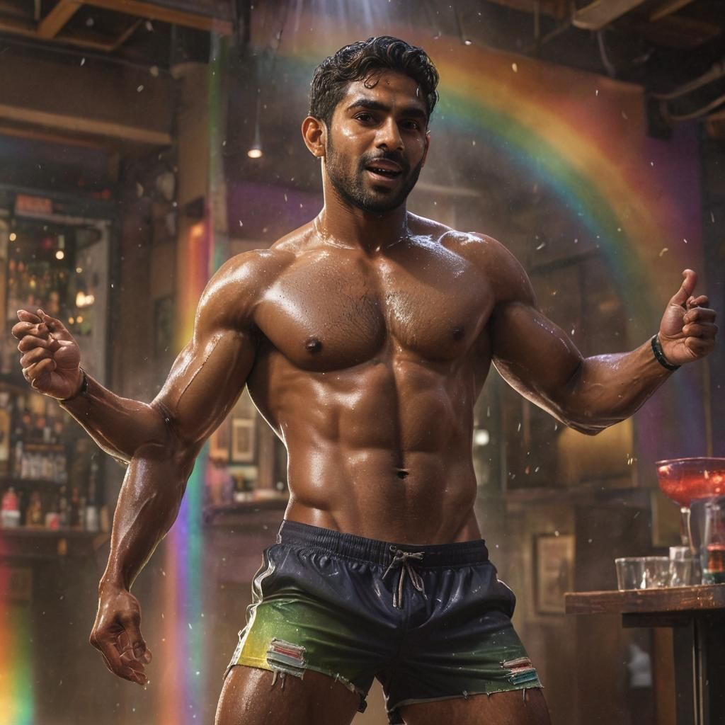 Muscular Man in Rainbow Light: Hyperrealistic Splash Art