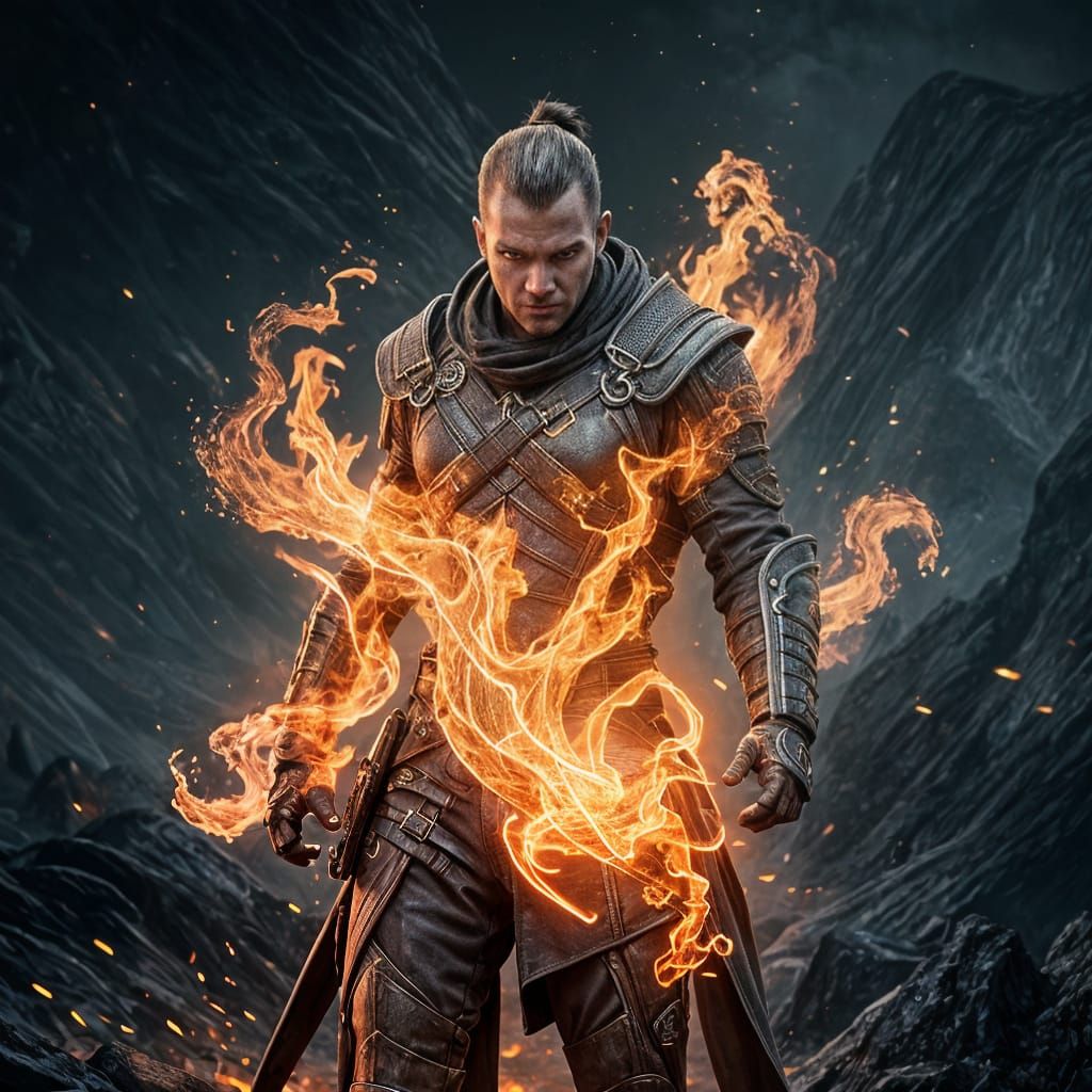 Leather Armored Figure Engulfed in Vibrant Flames in a Mysti...