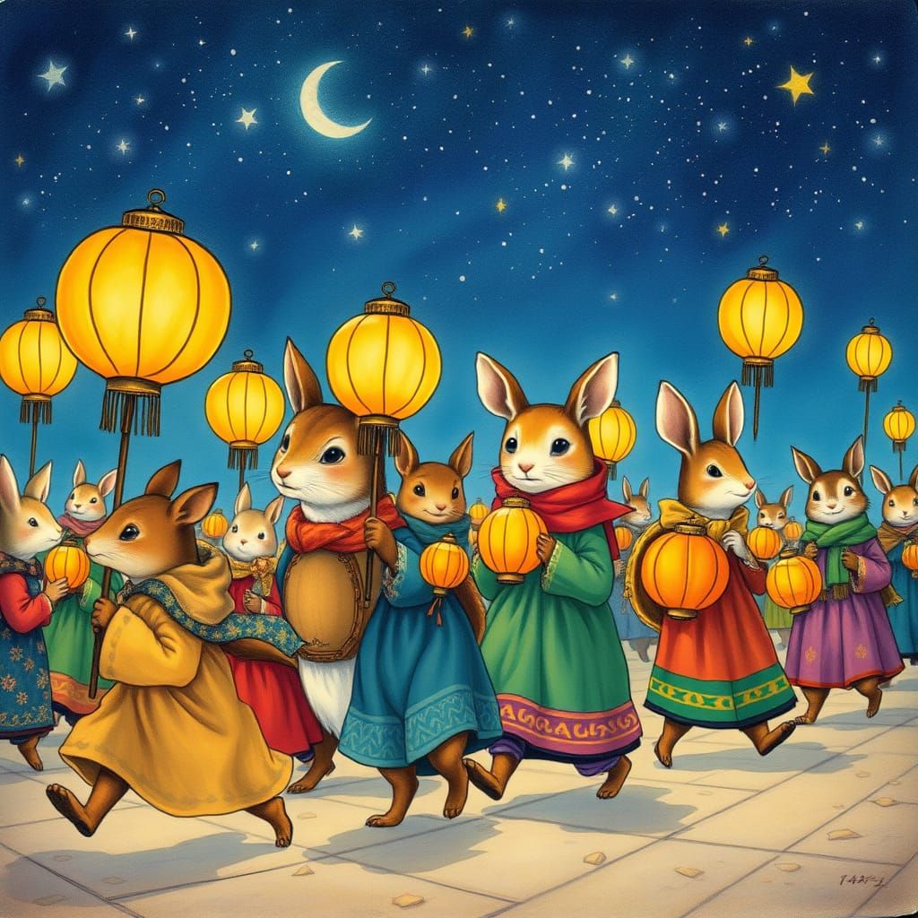 Whimsical Beatrix Potter-Inspired Parade Under Starry Night