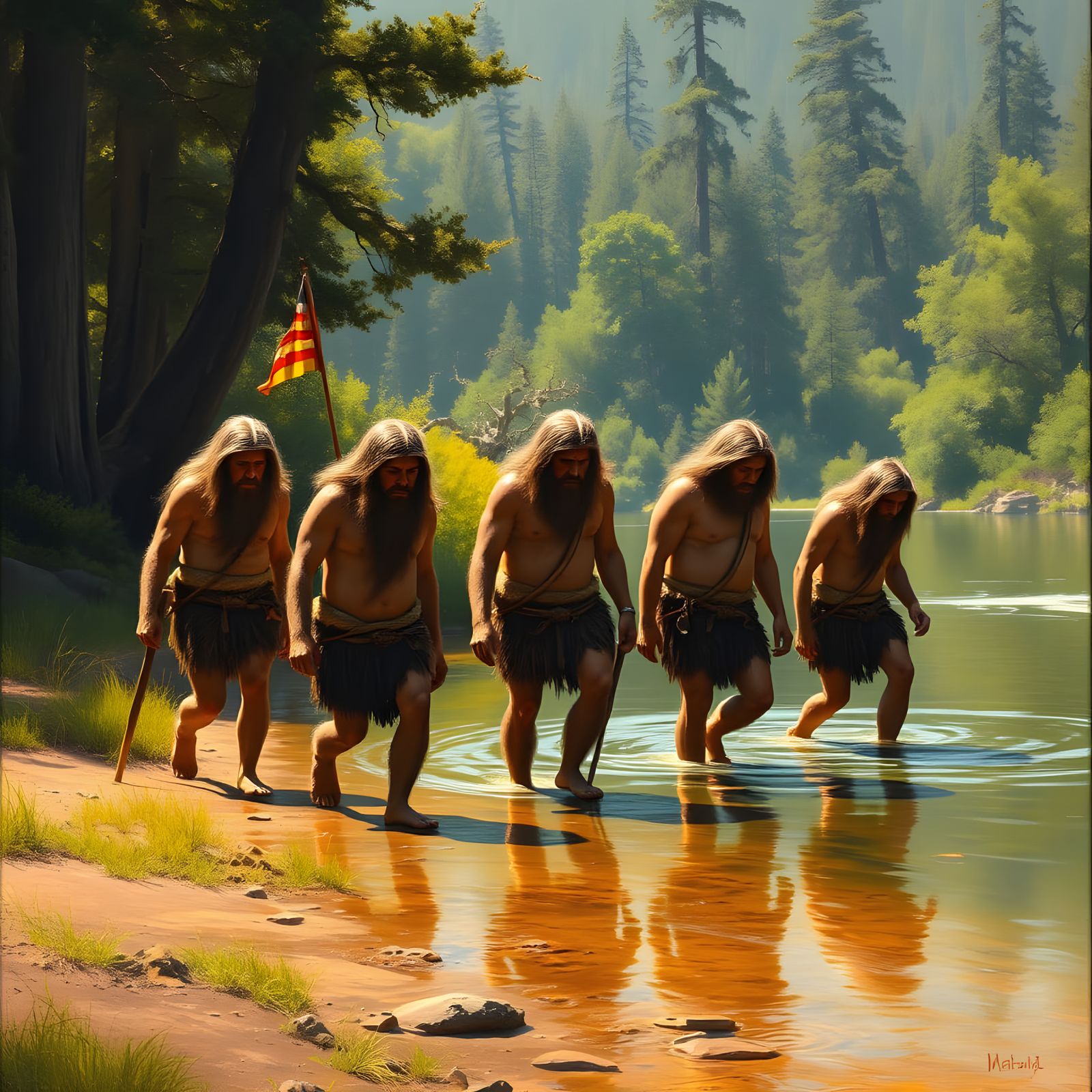 Prehistoric Family Carries American Flag Along Ancient River...
