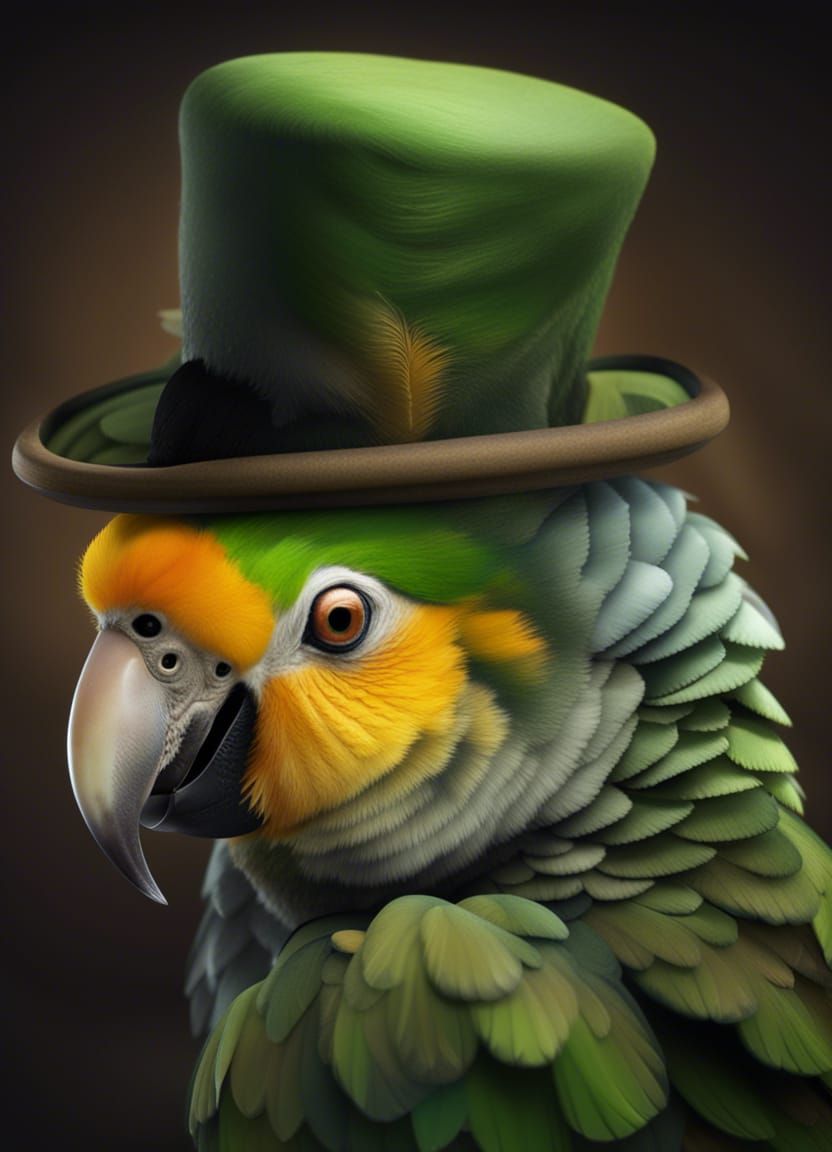 Skeptical Parrot in Top Hat: Hyperrealistic 4K Image