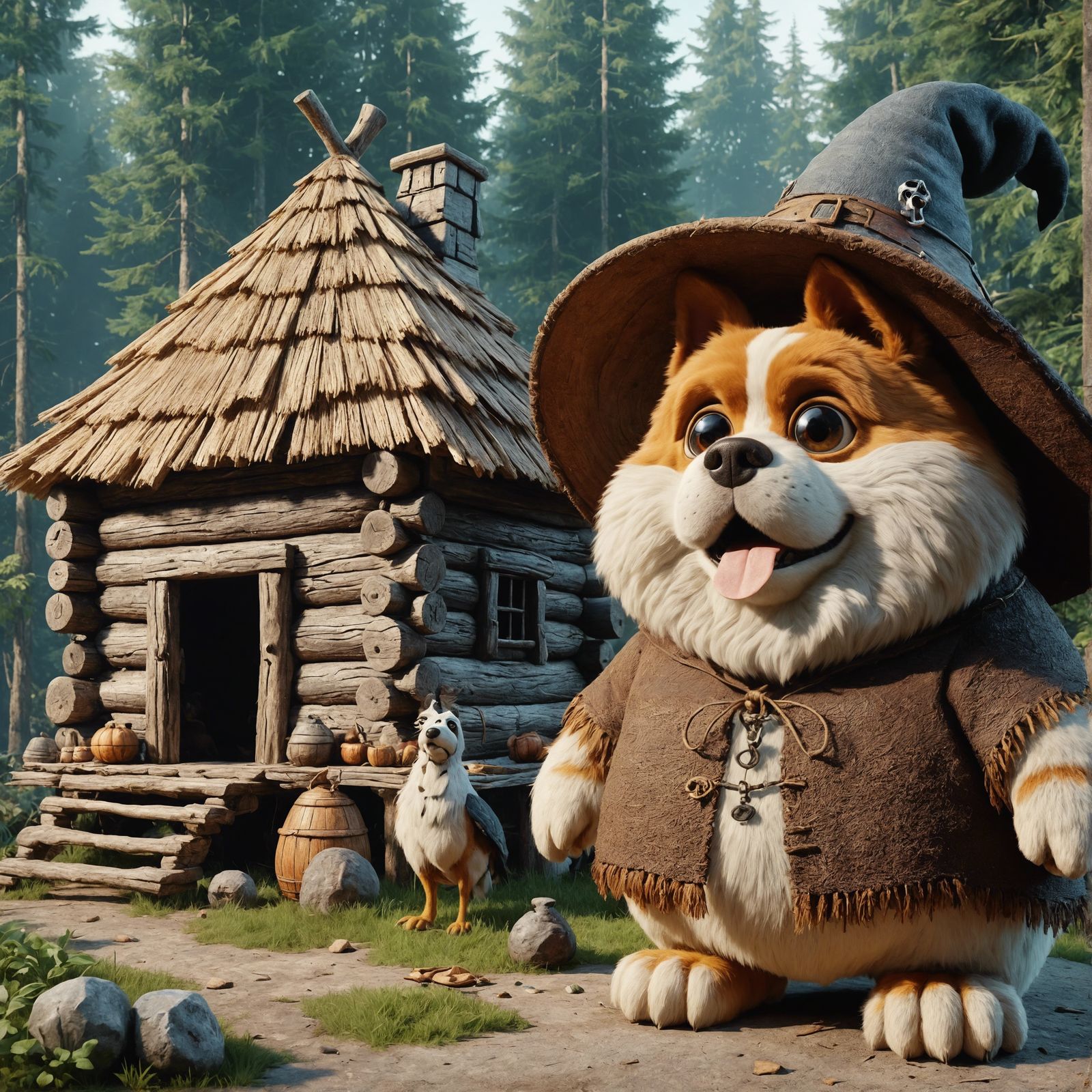 Cartoon Dog as Baba Yaga in Whimsical Forest
